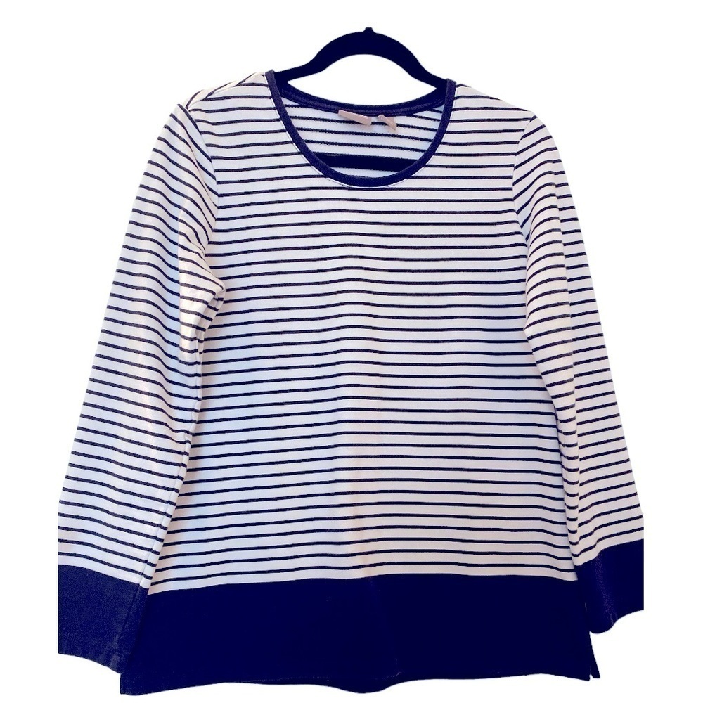 CHICO’S top, size M, navy blue and white stripes, scoop neck, 3/4 sleeves